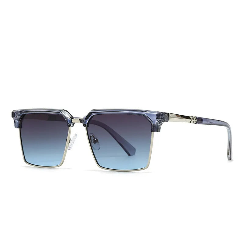 Men's square sunglasses with plastic frame in six colour options showing box-style design