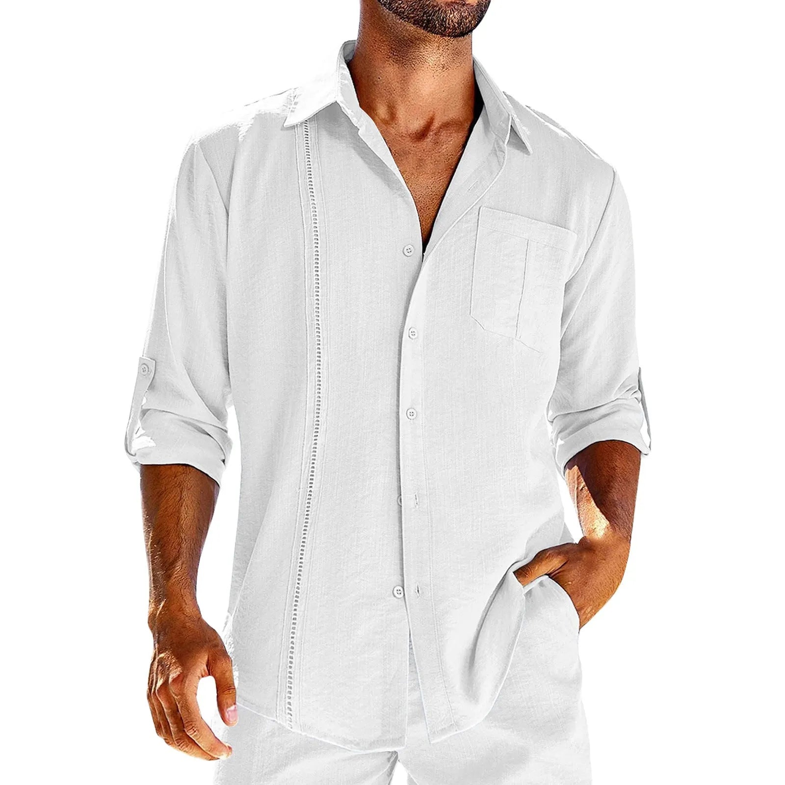 Men's grey long sleeve shirt with polo collar lace detail and button front.