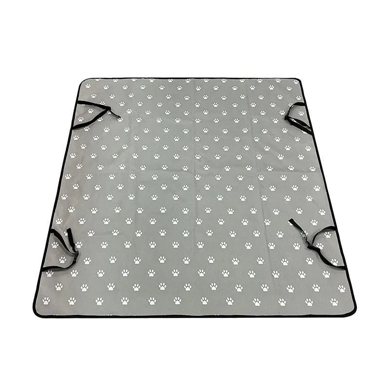 Waterproof cloth car pet mat for rear seat with dog bone print design on a grey background.