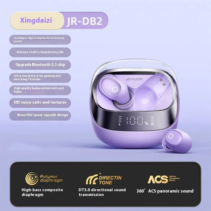 Wireless Bluetooth in-ear earbuds with a compact white charging case on a table.