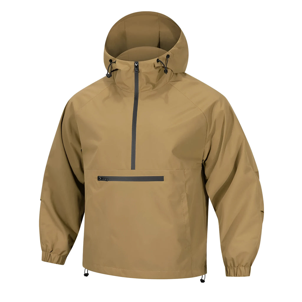 Men's light grey loose half-zip hooded corduroy jacket on a hanger