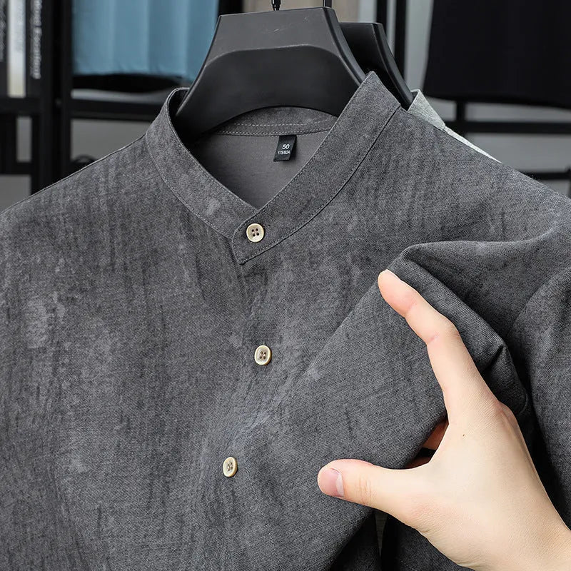 Men's linen-style loose cardigan shirt in solid colour with stand collar