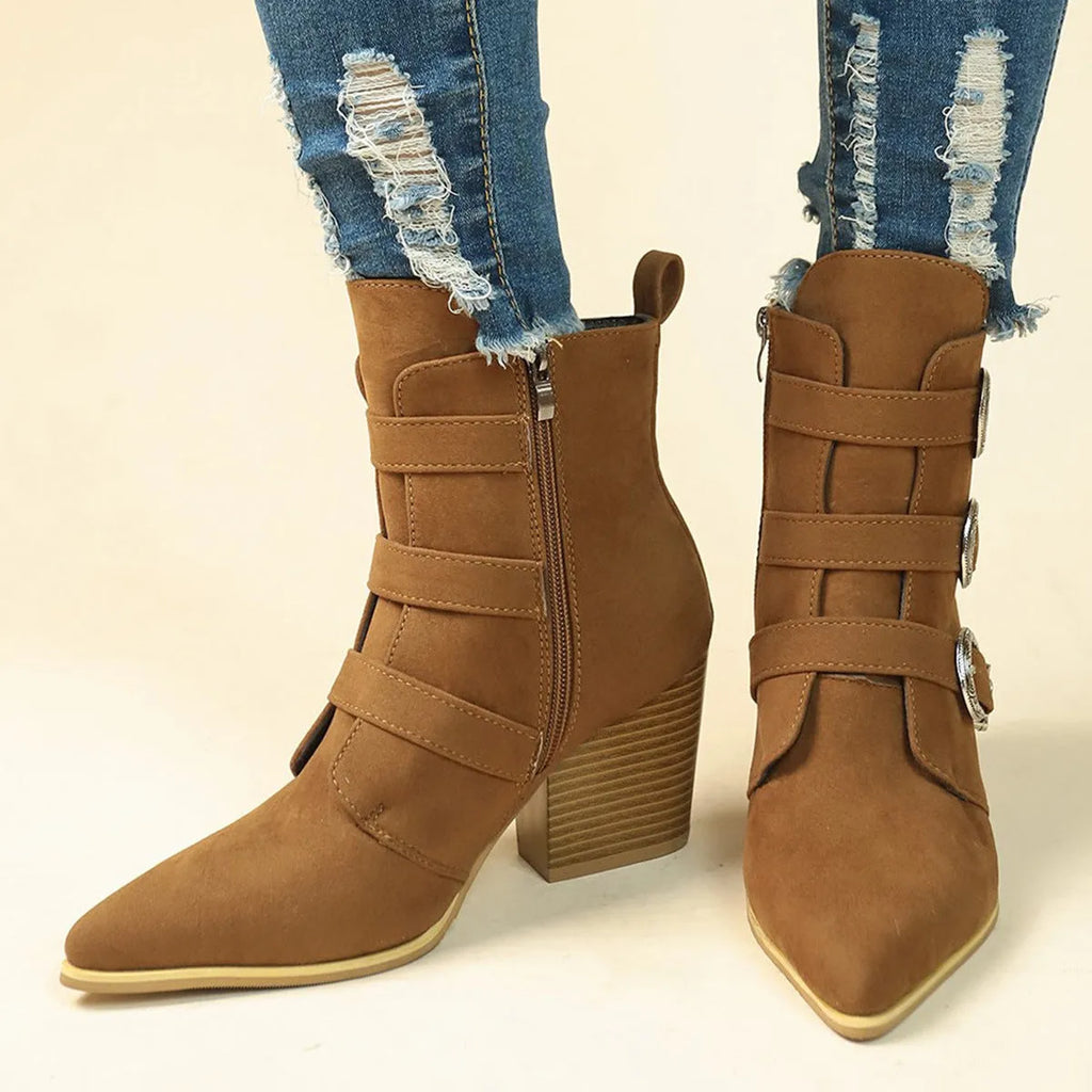 Chunky heel pointed toe retro buckle boots for women, artificial PU, black or light brown