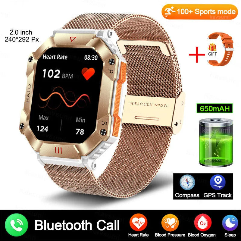 Android GPS smart watch for women with titanium case and black camouflage strap on wrist