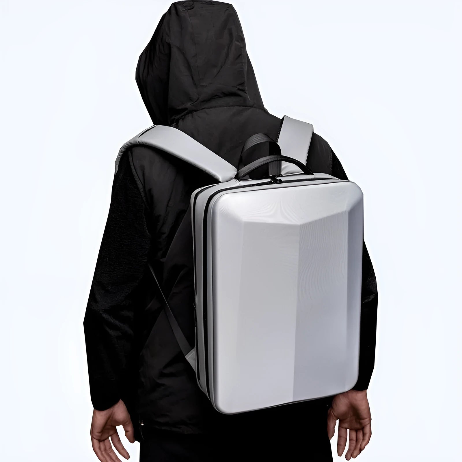Men's waterproof business backpack in Oxford cloth PC material showing black and silver white colour options