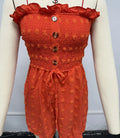 Blue sleeveless off-shoulder women's jumpsuit with button detail and mid waist fit