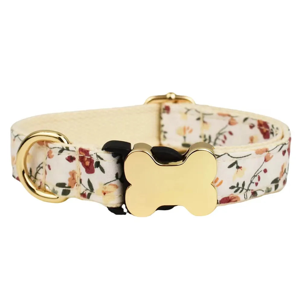 Flat nylon dog collar with printed grid pattern and plastic bone buckle in multiple colour options