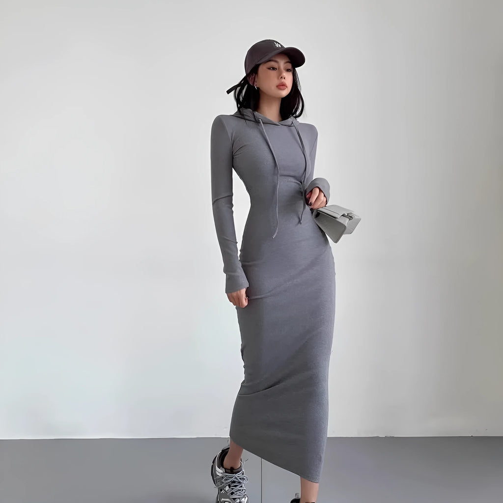 Women's grey hooded sheath dress with long sleeves and over-the-knee length in high-waist styling