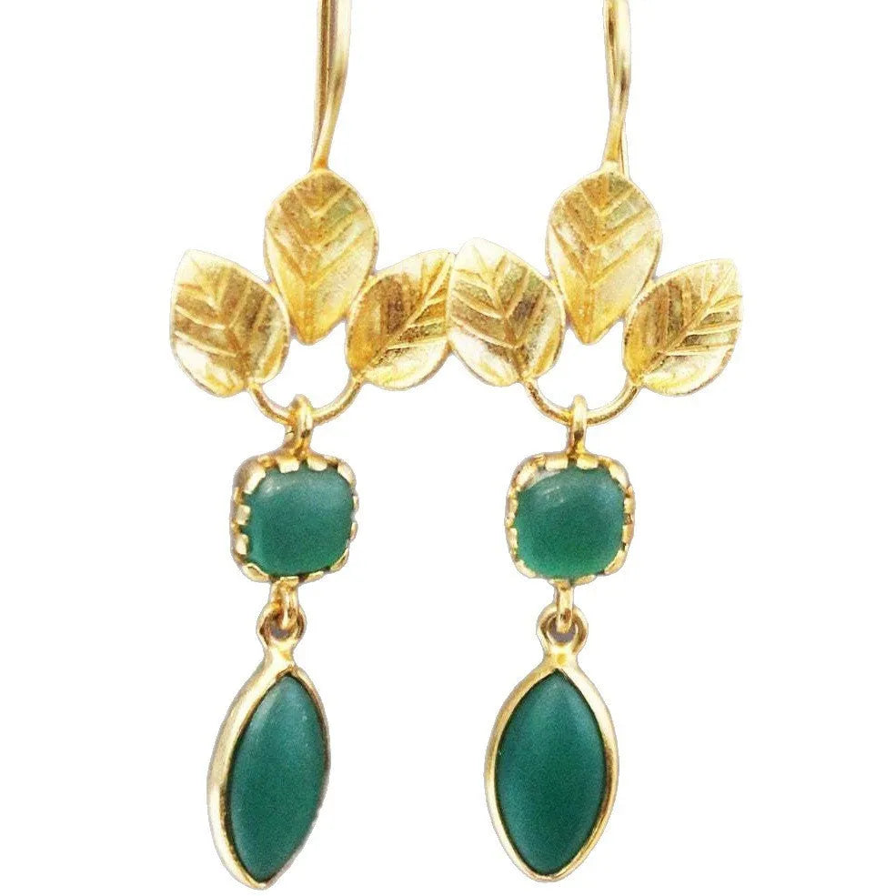 A pair of gold-colour drop-shape earrings with zircon stones and water droplet design elements on a copper base.