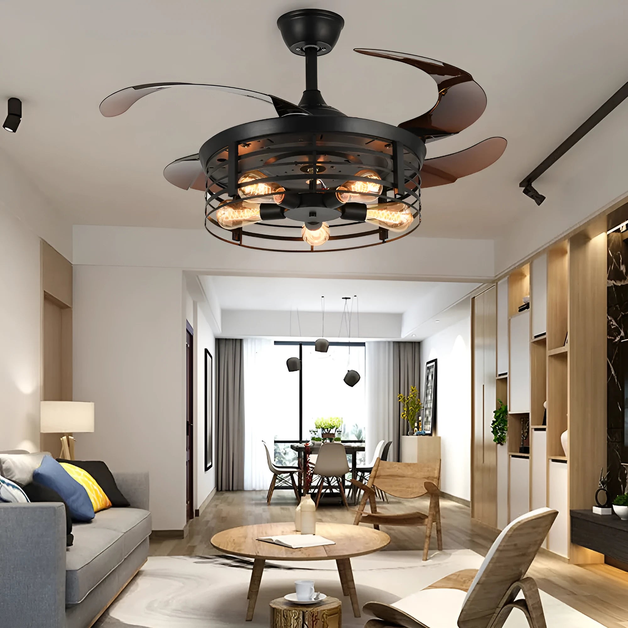 American retro style ceiling fan with integrated light and acrylic blades, shown with remote control.
