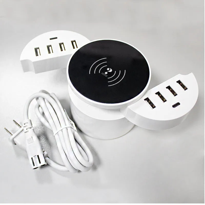 Ceramic white circular wireless charger with multiple adapters and 1.5 metre cable