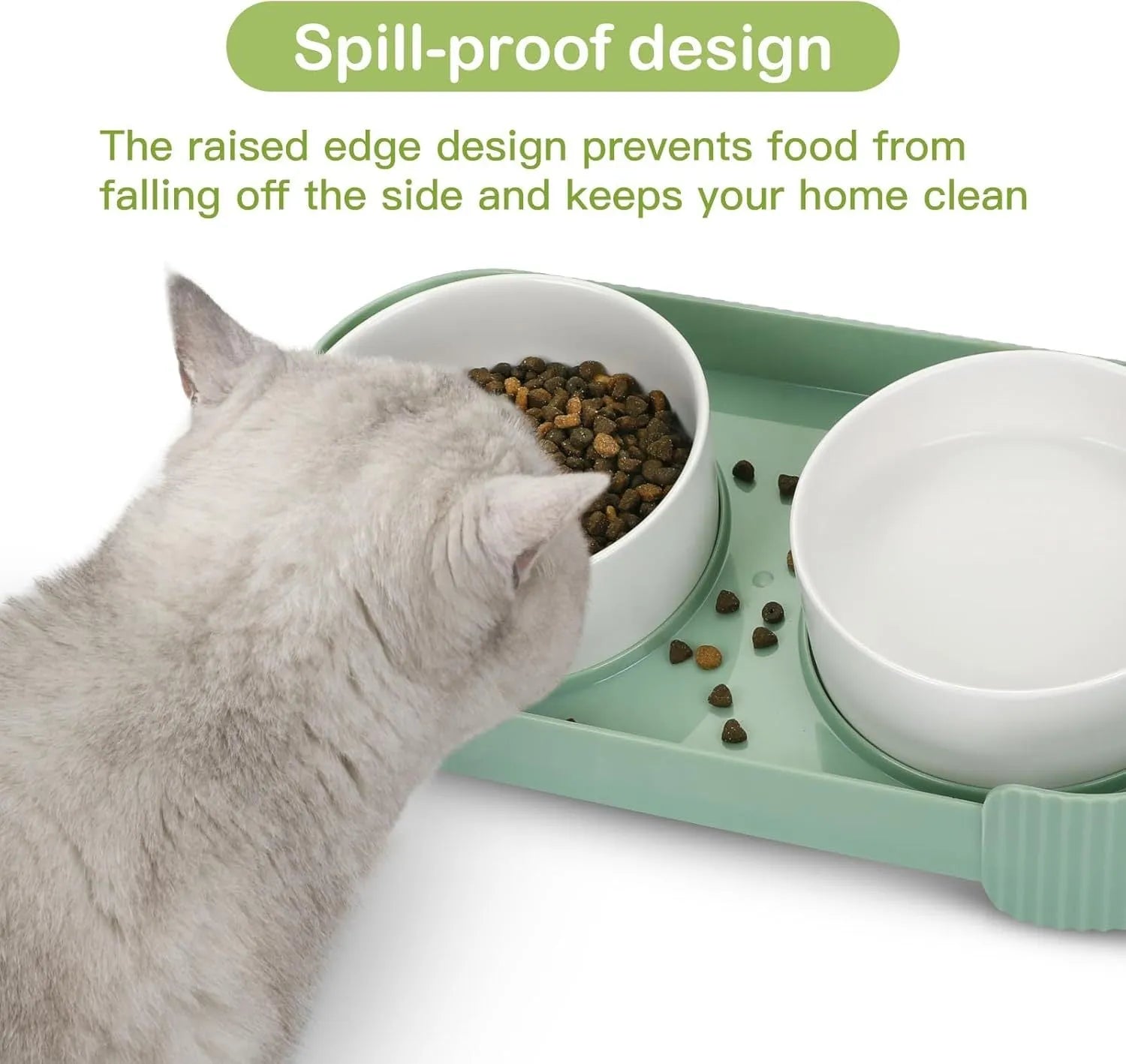 Ceramic elevated cat bowls with 15-degree tilted stand in green, white, or yellow colours