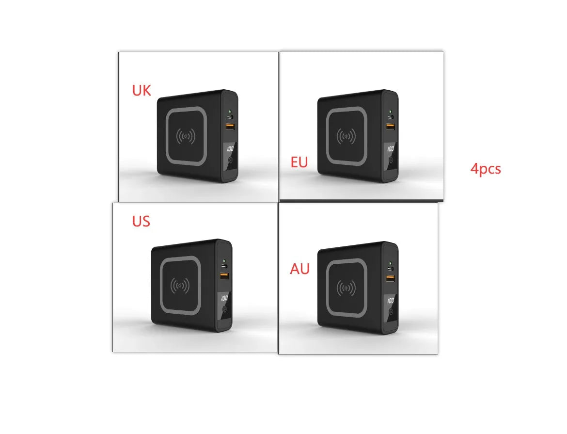 Black or white 10000mAh power bank with wireless charging and four international plug adapters