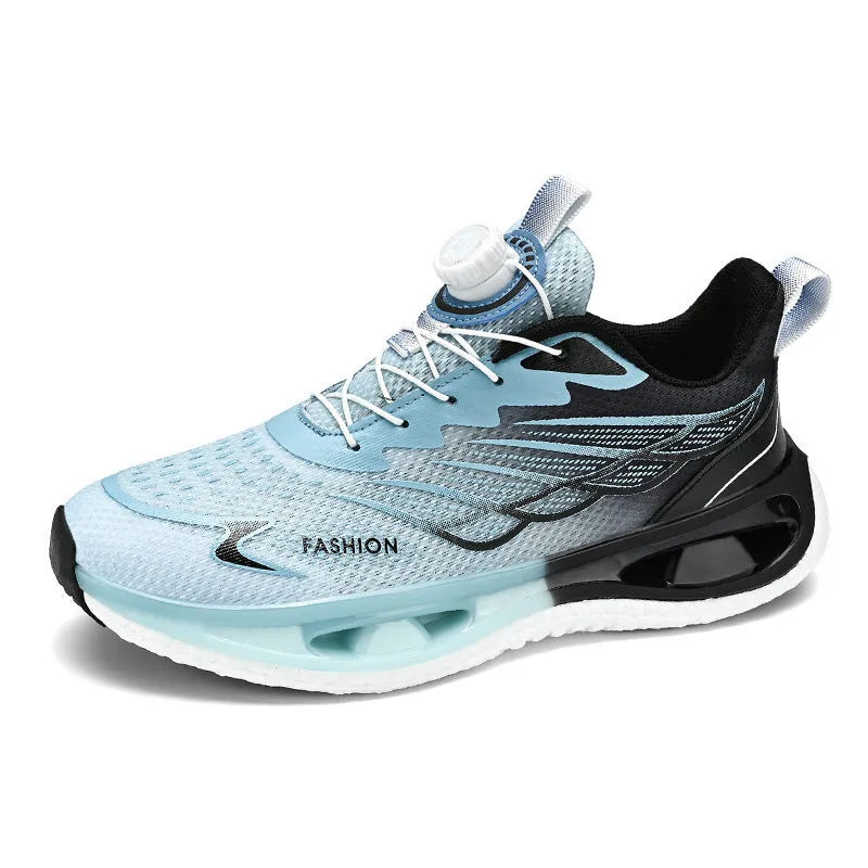 Youth men's low-top rotating button sneaker in light blue mesh with a rubber sole.