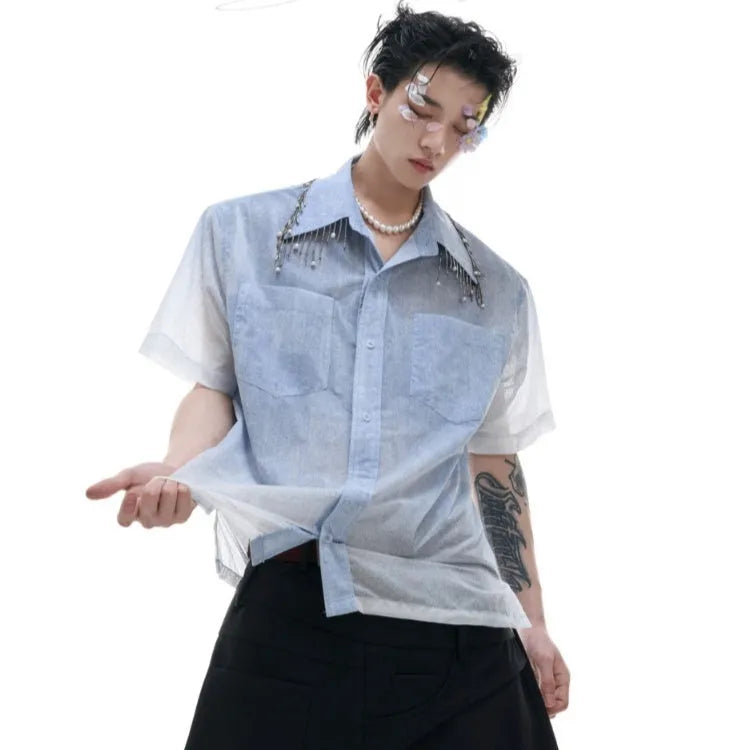 Blue and white gradient loose fit men's short sleeve casual polyester shirt