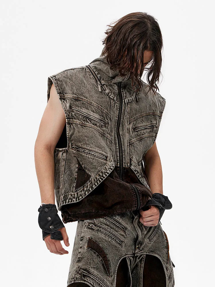 Men's sleeveless denim vest jacket with front zipper and splicing design detail.