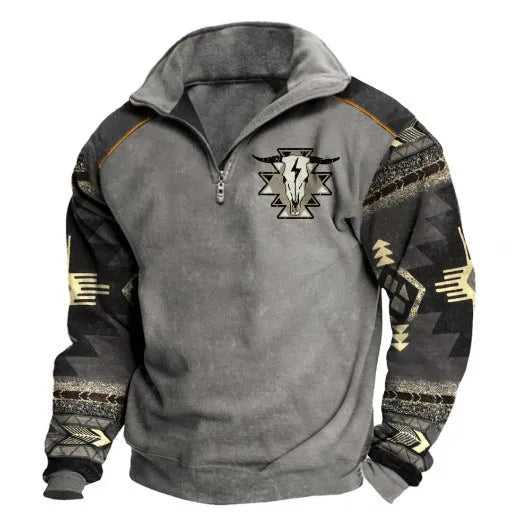 Digital print stand collar men's street zip-up hoodie in polyester air layer fabric loose fit