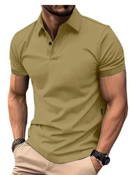 Men's slim fit cotton blend short sleeve button-up shirt in solid colour