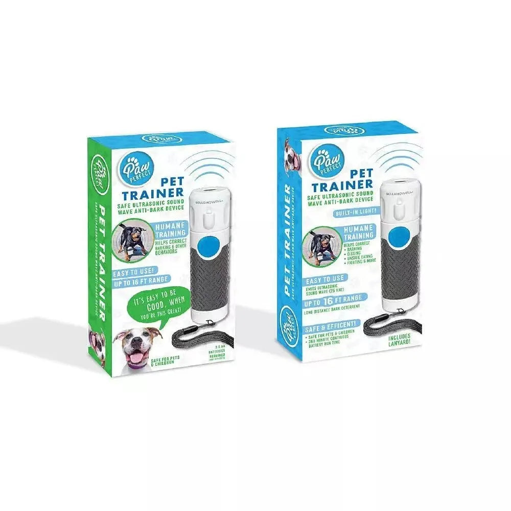 White handheld ultrasonic dog bark stop trainer on a plain background.