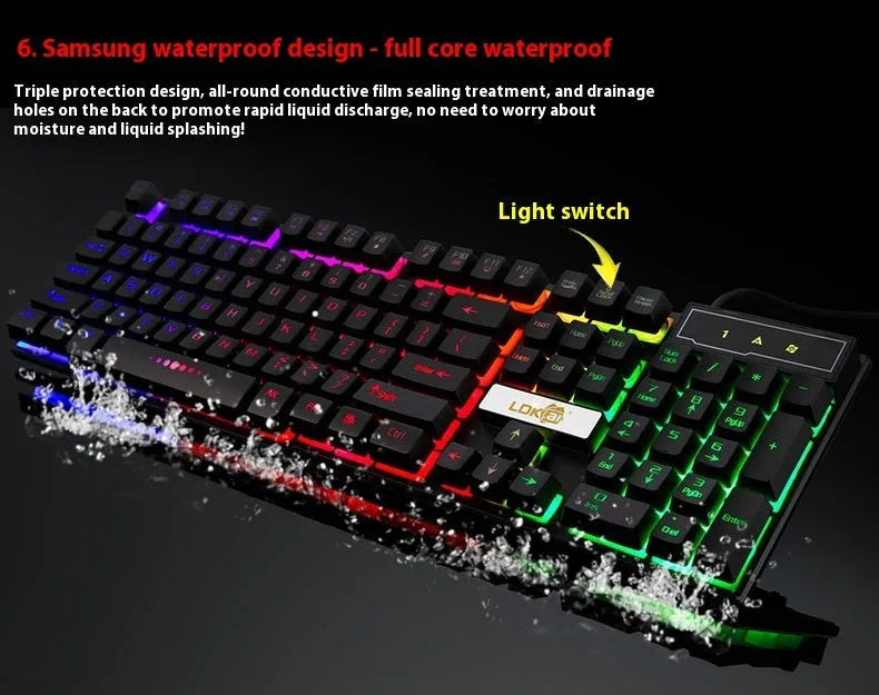White and black gaming keyboard with glowing USB cable on a desktop