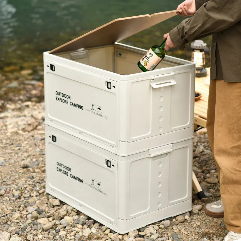 Large white foldable plastic storage box with a wooden lid, shown open and closed.