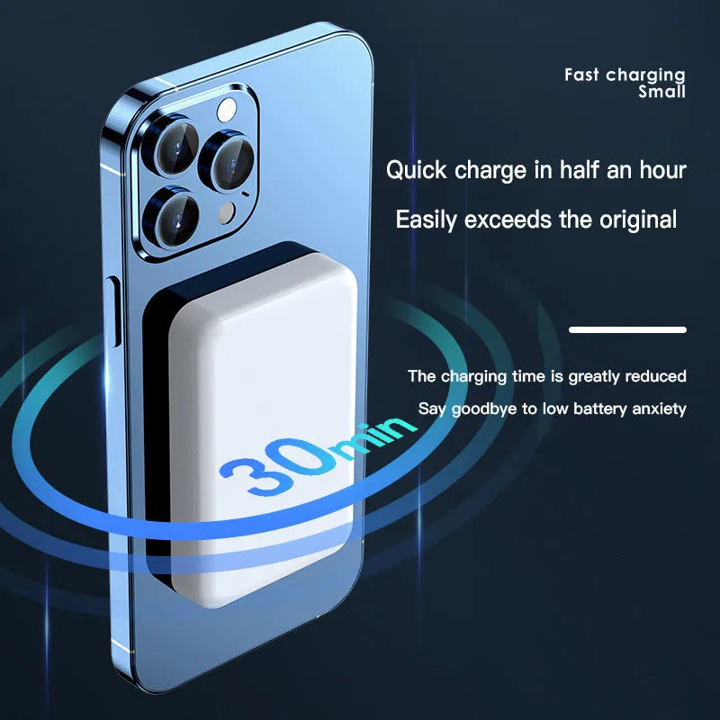 Mobile wireless magnetic power bank with plastic housing showing colour options pink purple white