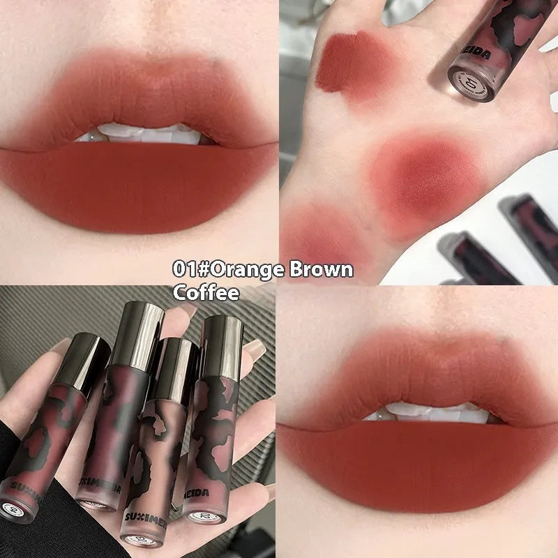 Matte lip mud lipstick tube showing five colour shades including orange brown coffee and cool grey