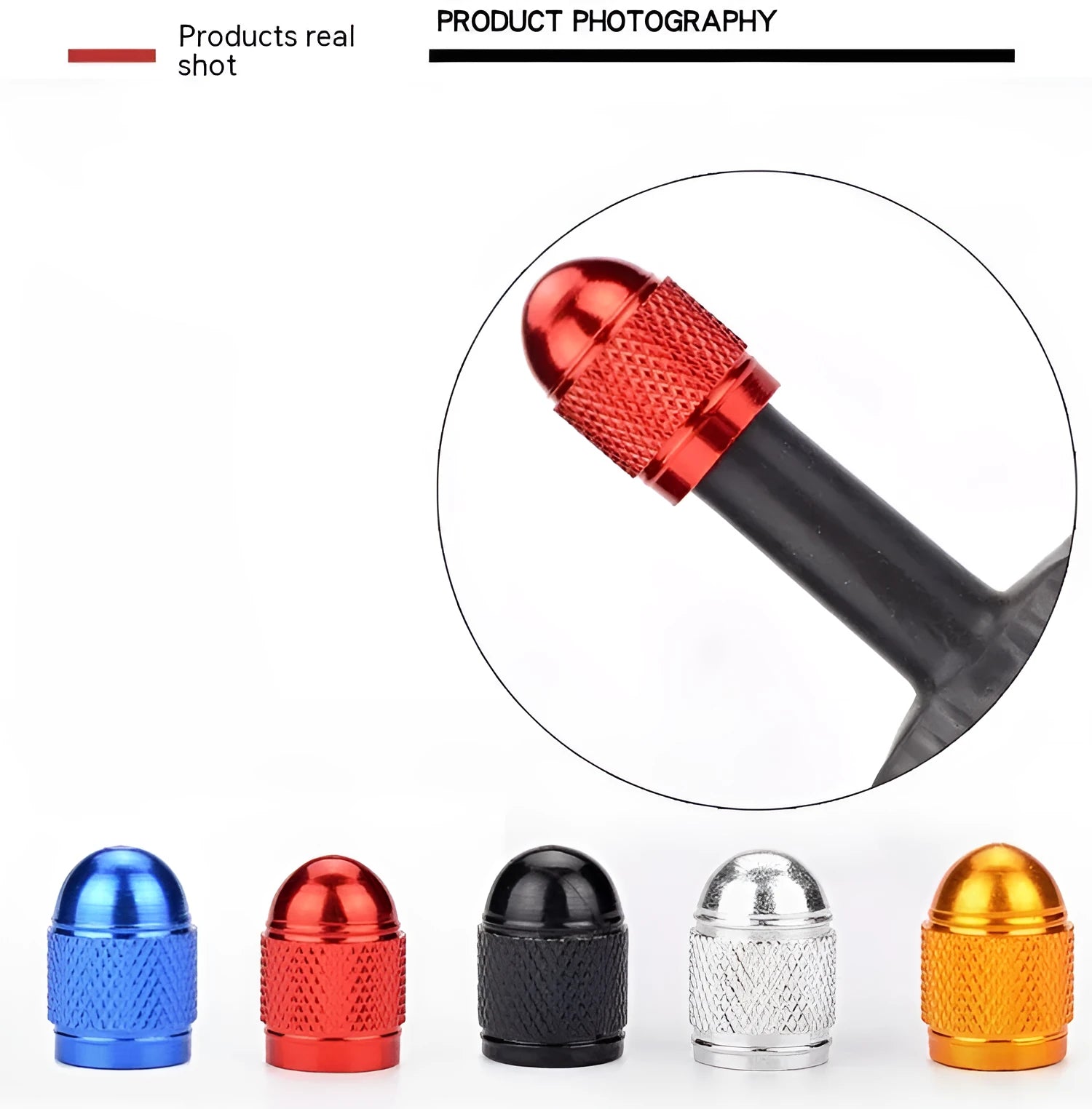 Aluminium alloy mountain bike tyre valve cap in gold, red, silver, blue, and black colours.