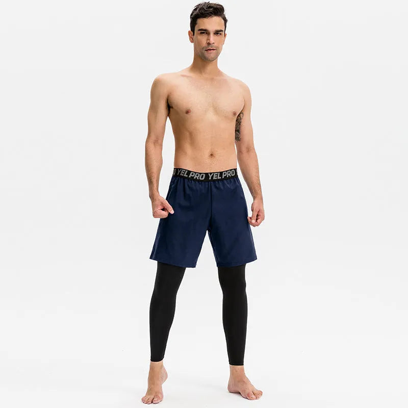 Men's tight fitness pants in grey polyester spandex fabric, shown in a running pose.