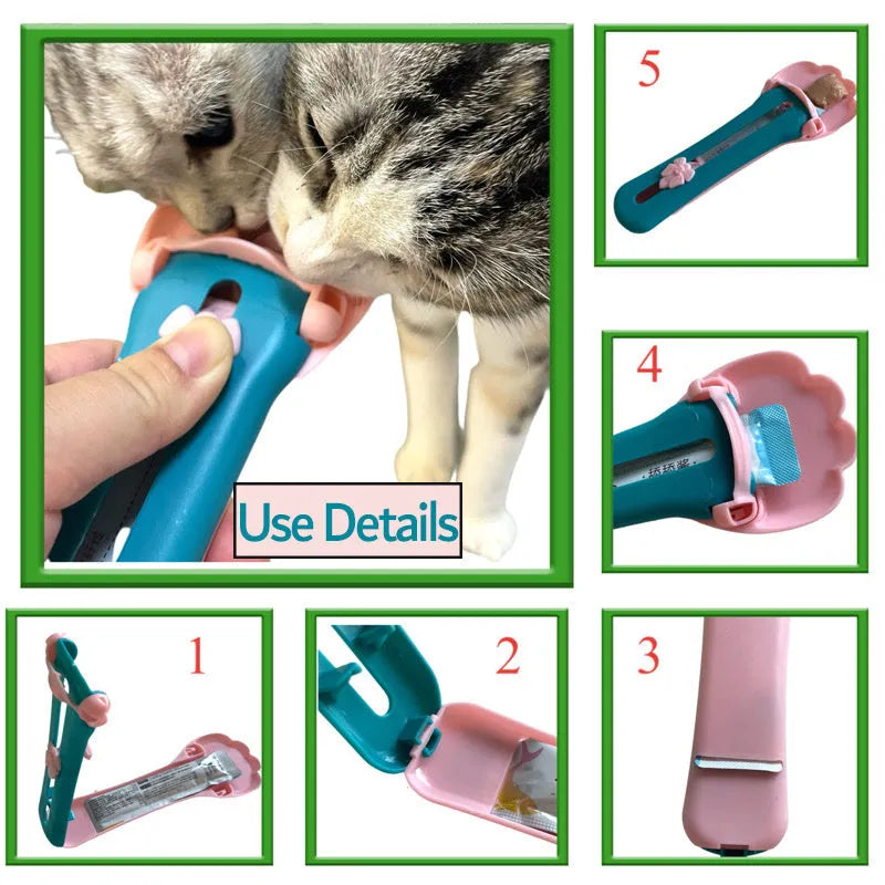 Green and pink pet feed spoon with silicone barrel for squeezing out sticky dog or cat food.