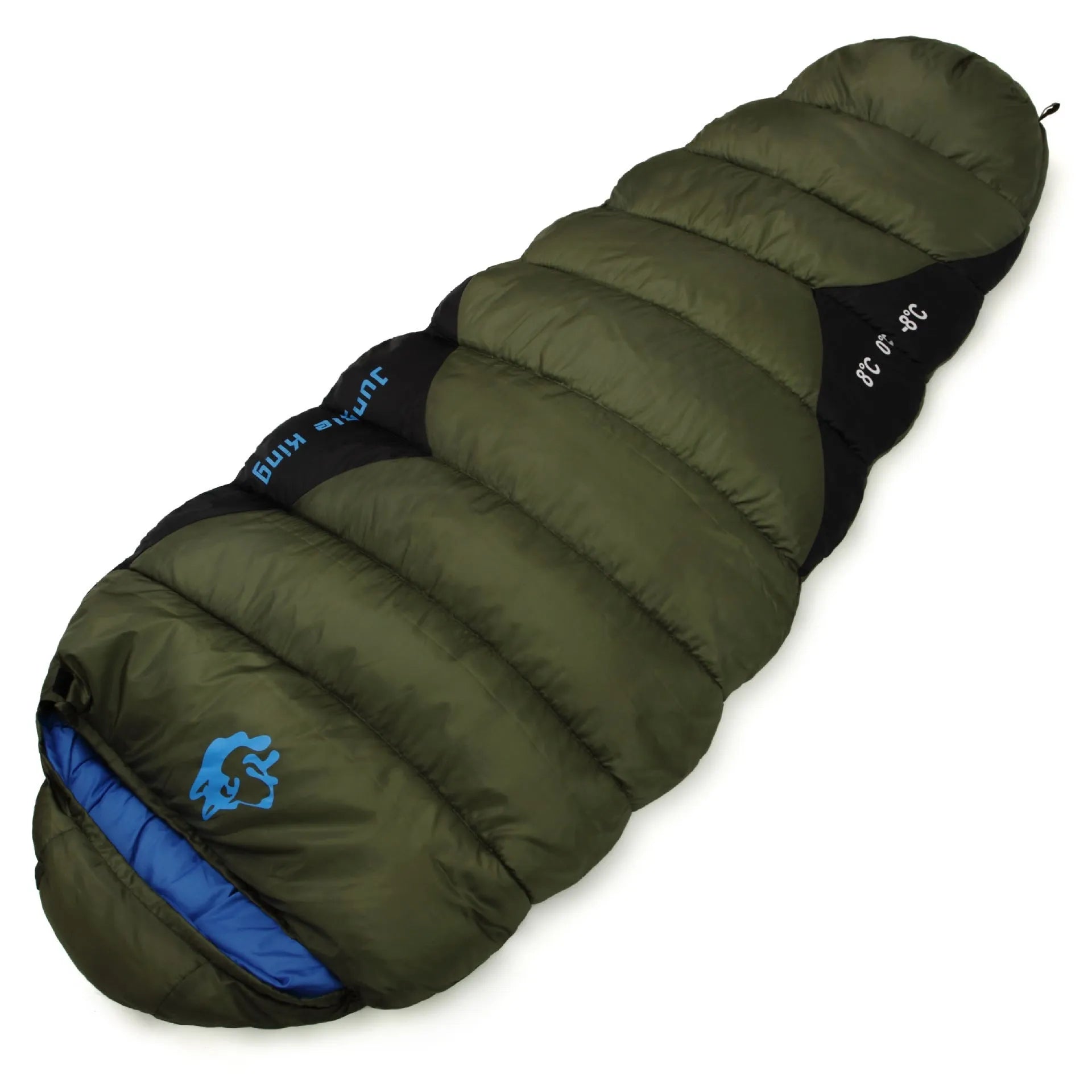 Mummy style camping sleeping bag in Army Green colour with compression storage bag.