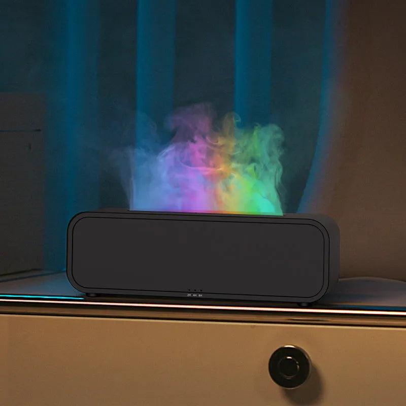 Black or white flame dynamic essential oil diffuser with remote control and colour-changing lights.