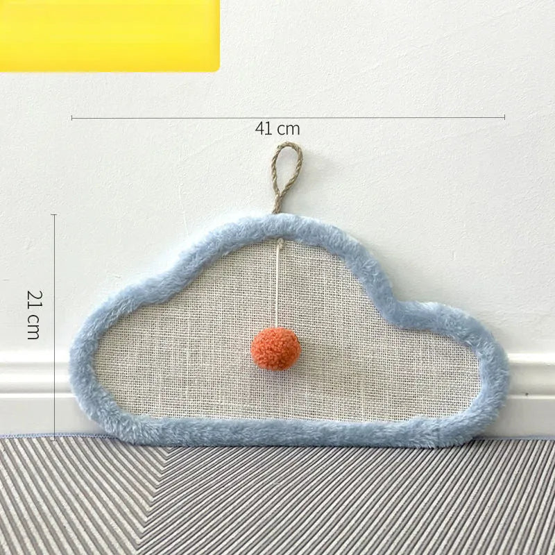 White cat scratching mat with sleeping cat pattern and curved shape