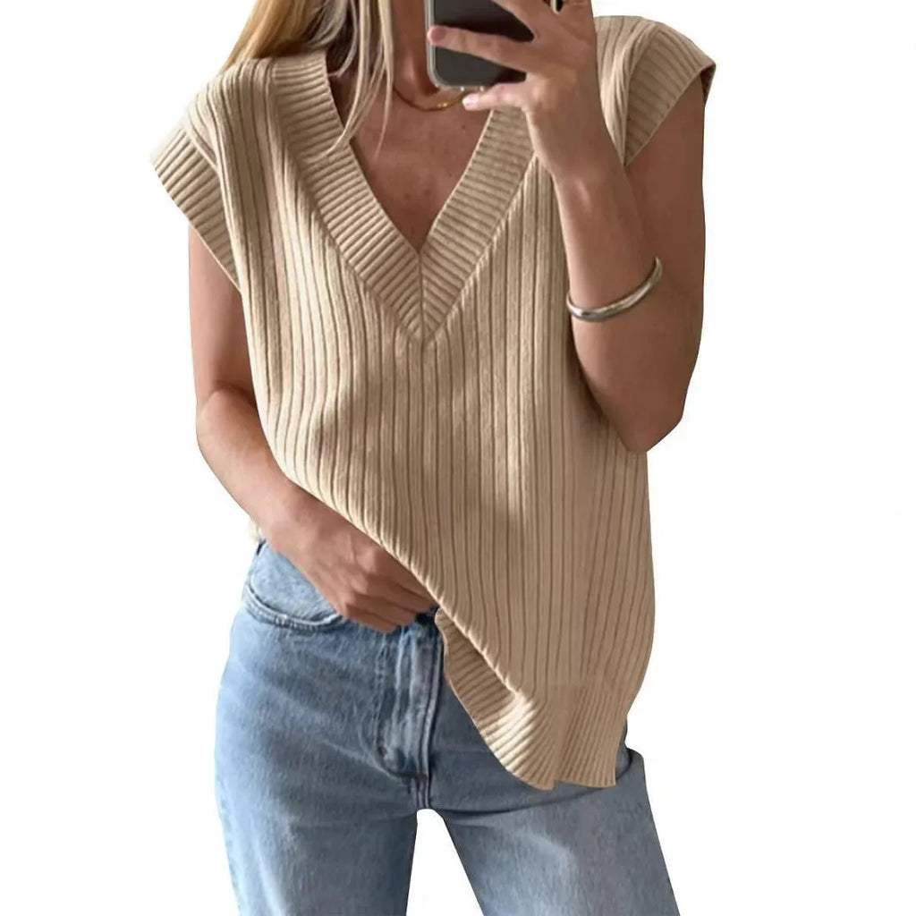 Camel coloured V-neck sleeveless pullover vest with striped pattern and loose fit