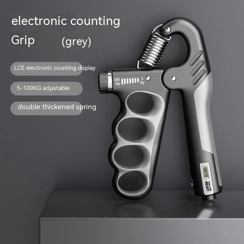 Adjustable electronic count spring grip hand strengthener in grey, orange, or red colour.