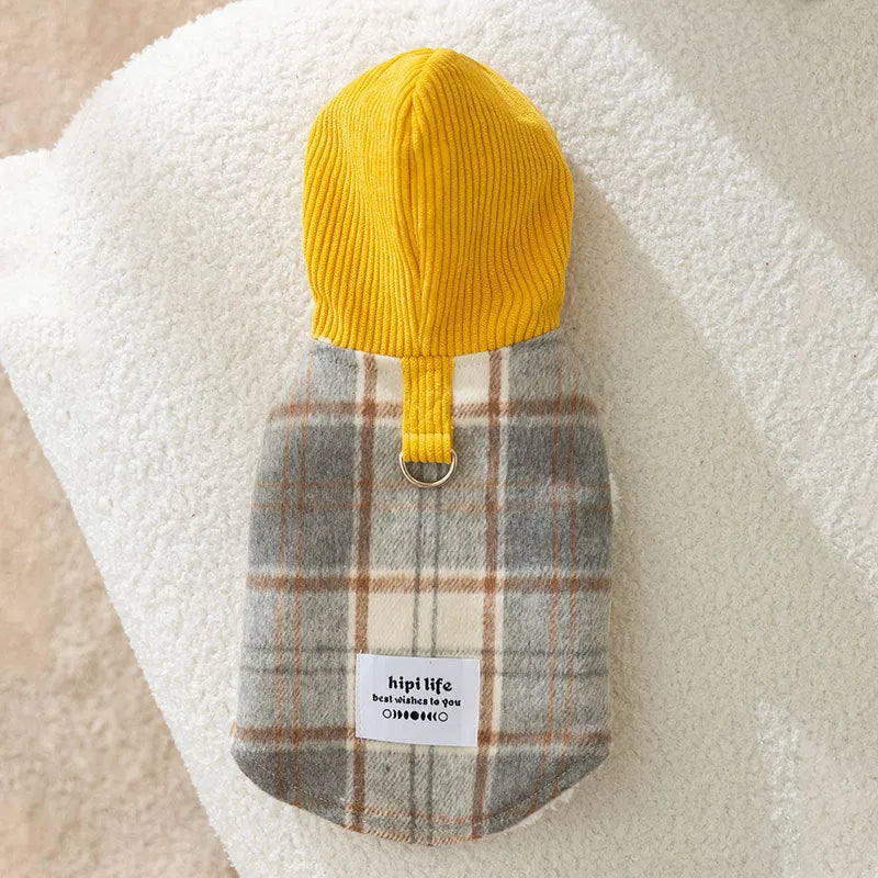 Blue corduroy dog hoodie with chessboard grid print and a traction hood.