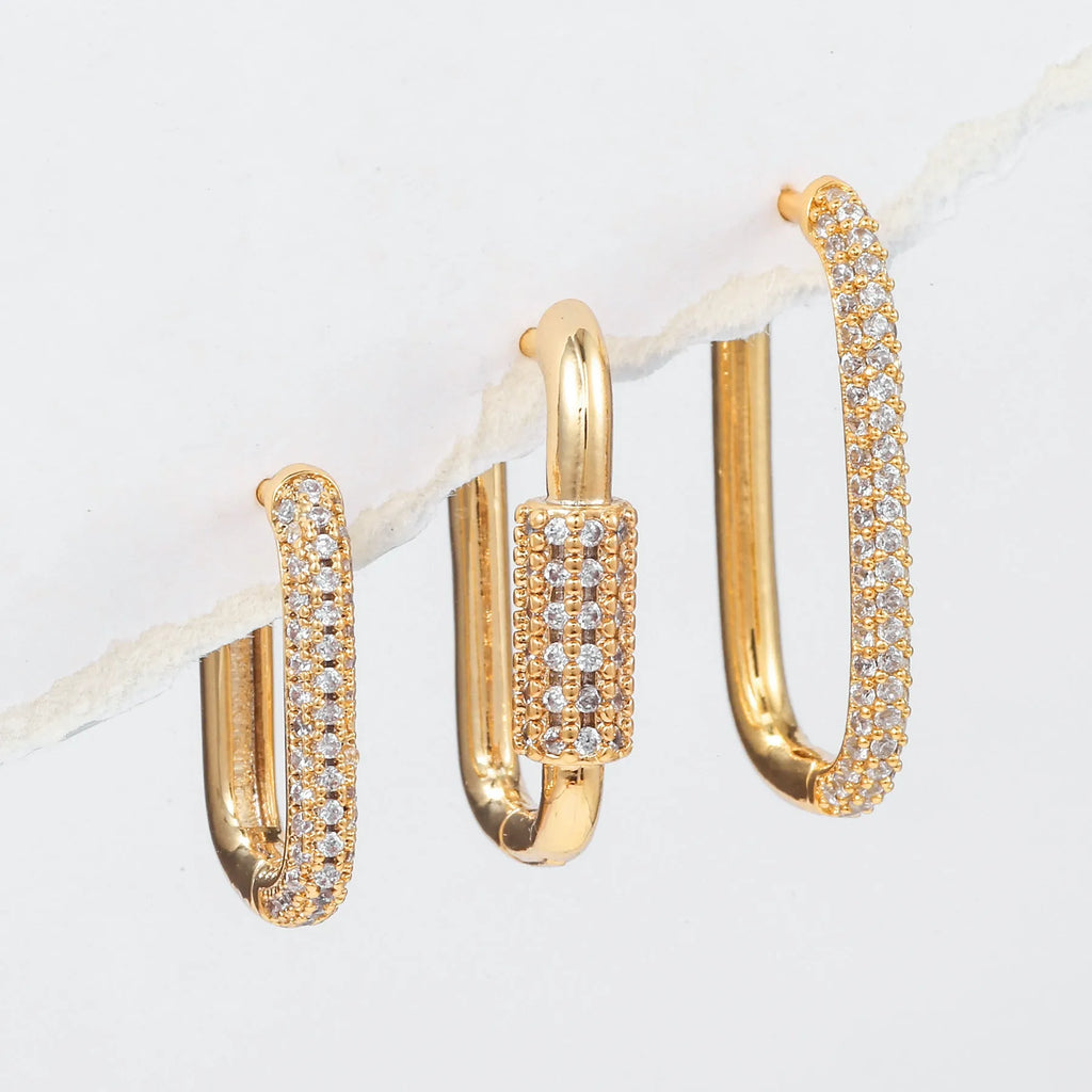 Three geometric square ear clips with micro inlaid zircon detailing in gold and white gold colours