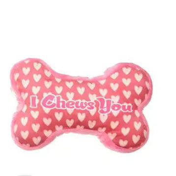Plush dog chew toy with vocaliser in bone powder, white, pink, or red colours.
