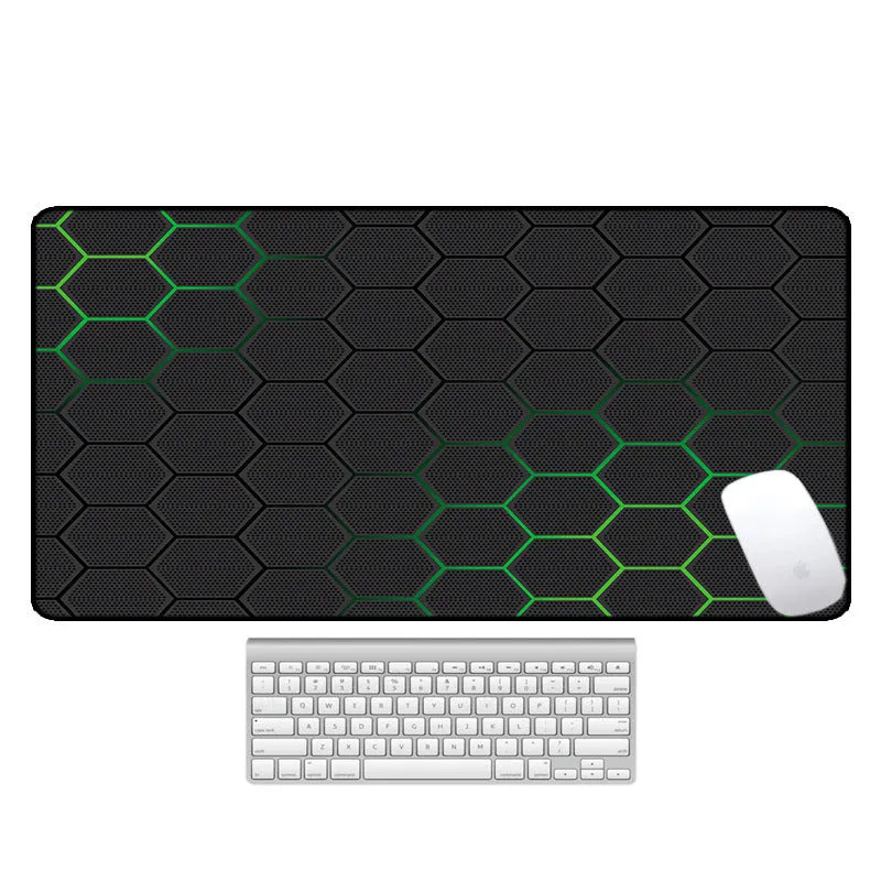 Large natural rubber desk pad with graphic print, showing non-slip base and size options for mouse and keyboard.