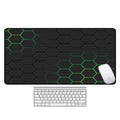 Large natural rubber desk pad with graphic print, showing non-slip base and size options for mouse and keyboard.