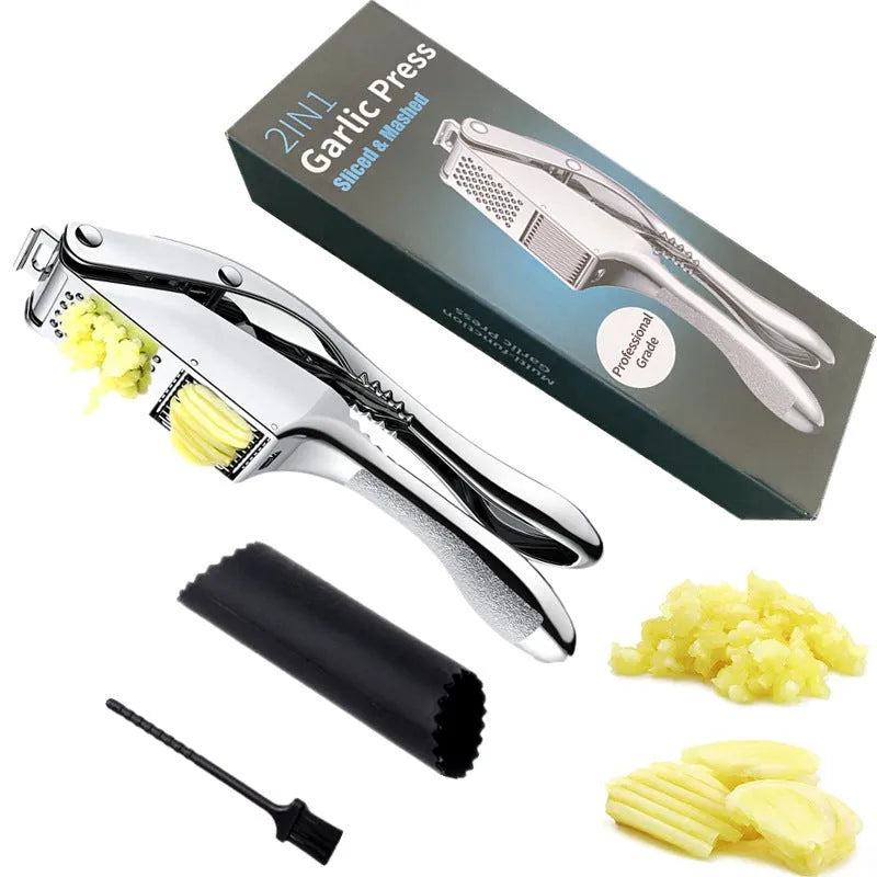 Two-in-one aluminium alloy garlic press with silicone peeler cleaning brush on a kitchen surface