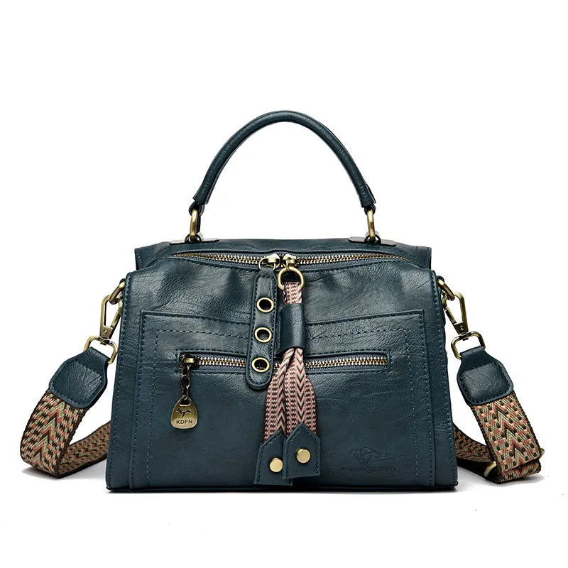 Women's grey PU leather one-shoulder crossbody bag with a square shape and outer pocket