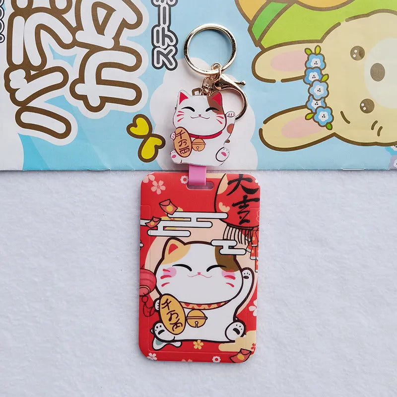 Lucky Cat blessing certificate set showing plastic card sleeve and ferrule pendant in cartoon style.