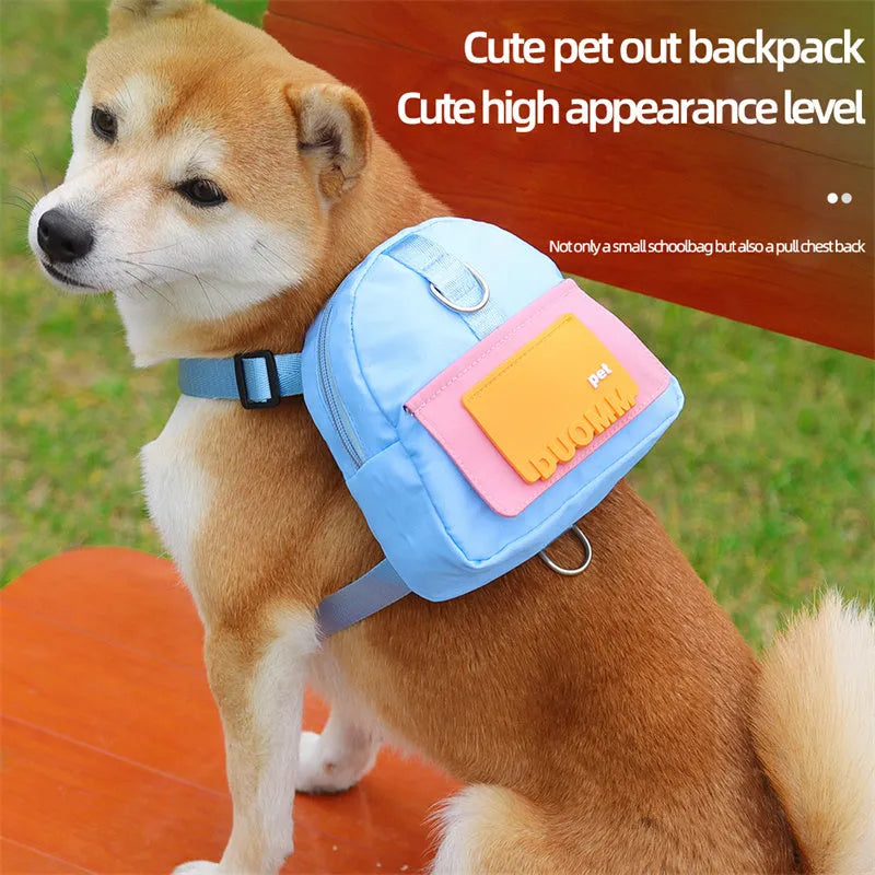 Adjustable dog harness backpack with storage compartment in blue colour