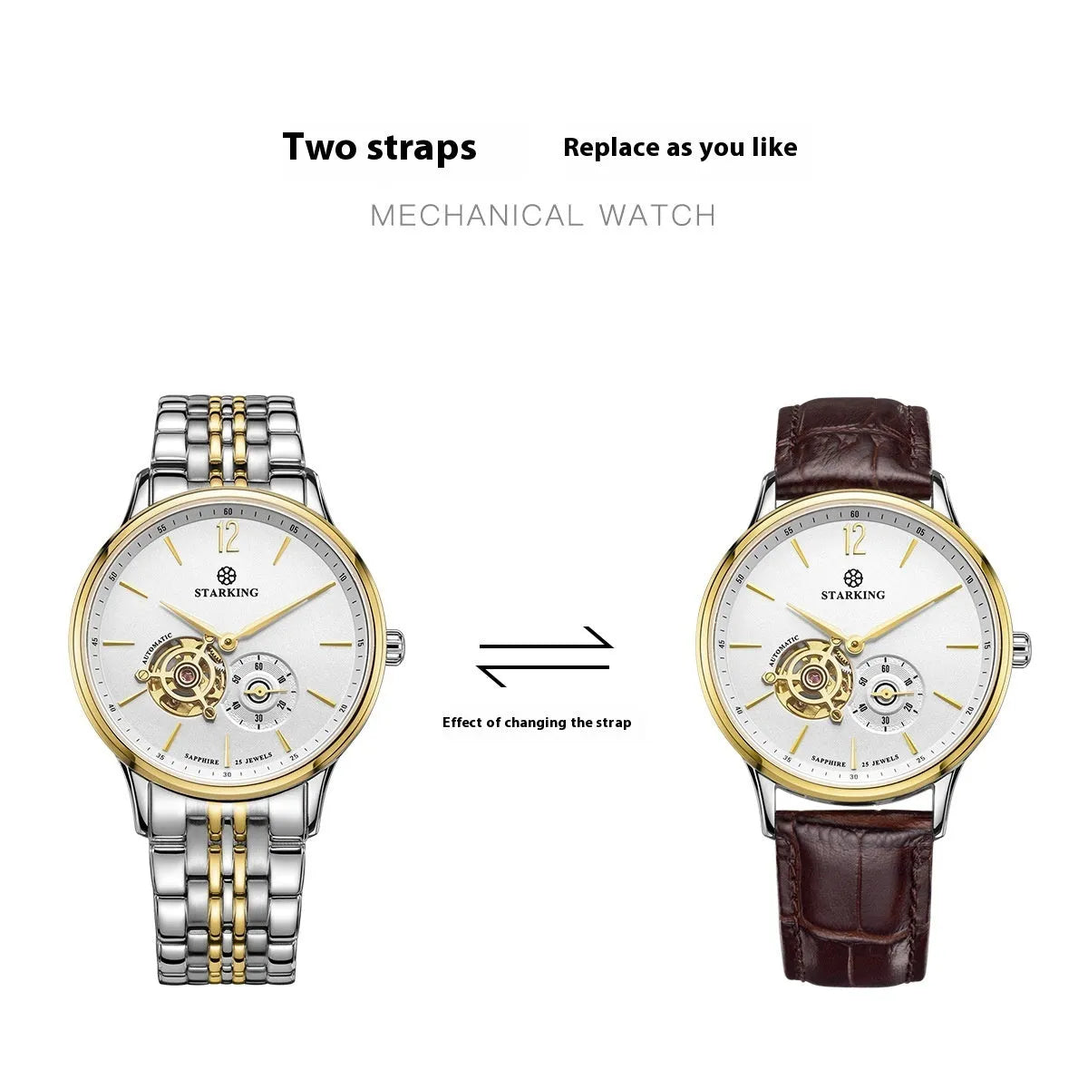Automatic mechanical men's business watch with skeleton dial and brown leather strap