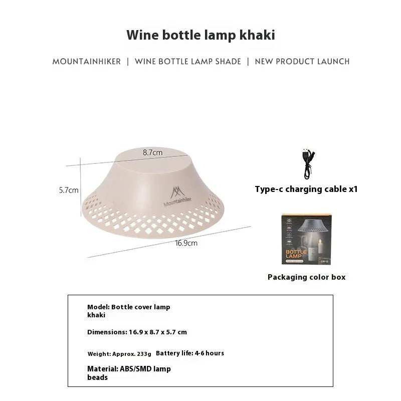 Beige wine bottle-shaped camping lantern showing three light mode settings and USB-C charging port.