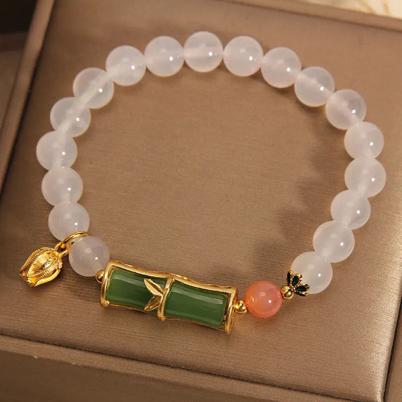 White agate jasper bamboo bracelet with jade beads, adjustable Chinese style women's jewellery