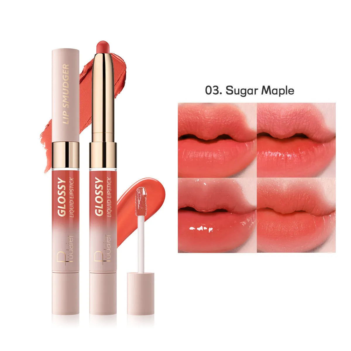 Double-headed lipstick and lip gloss cosmetic product showing matte finish with ten colour options