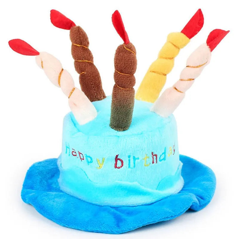 Blue and pink birthday hats for small dogs with elastic bands, shown with dimensions 21cm by 15cm.