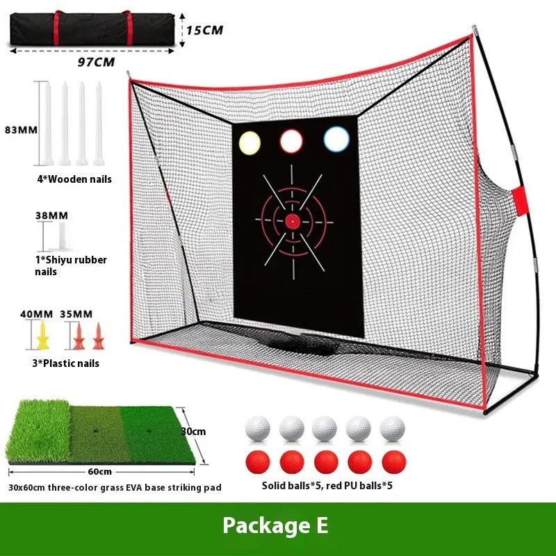 Golf swing wedge training net with 3-hole cross net, straw practice mat, and practice balls